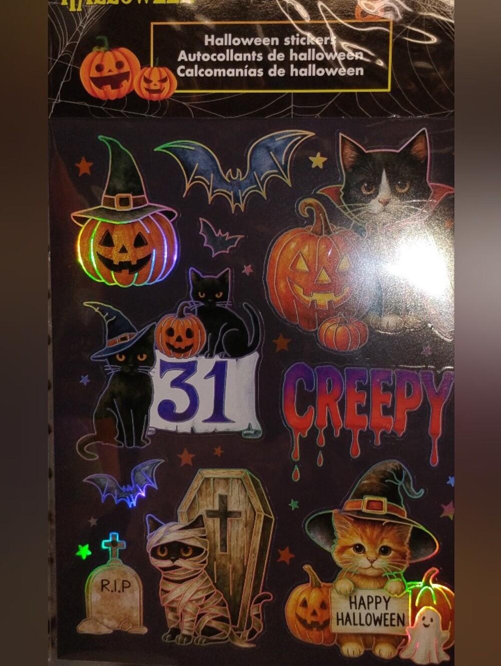 Halloween Holographic Cat & Pumpkin Sticker Sheet - Black & Orange